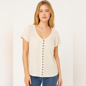 Boho Romantic Fairy Cottagecore Cream Textured Button-Down Cotton Top Medium